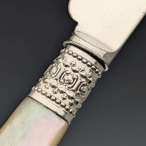 Circa 1881 British antique white mother-of-pearl handle dessert cutlery set of 10 pairs in wooden box