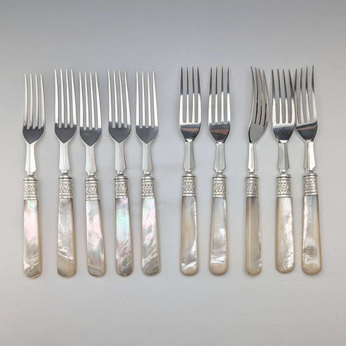Circa 1881 British antique white mother-of-pearl handle dessert cutlery set of 10 pairs in wooden box