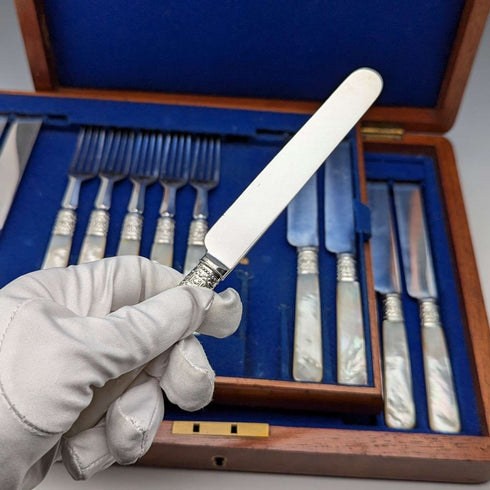 Circa 1881 British antique white mother-of-pearl handle dessert cutlery set of 10 pairs in wooden box