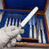 Circa 1881 British antique white mother-of-pearl handle dessert cutlery set of 10 pairs in wooden box