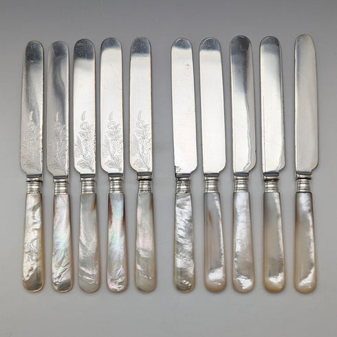 約 1890 年英國古董白色珍珠手柄甜點餐具 10 對套裝木盒裝