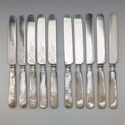 1890 British antique white mother-of-pearl handle dessert cutlery set of 10 in wooden box
