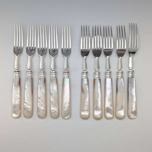 1890 British antique white mother-of-pearl handle dessert cutlery set of 10 in wooden box