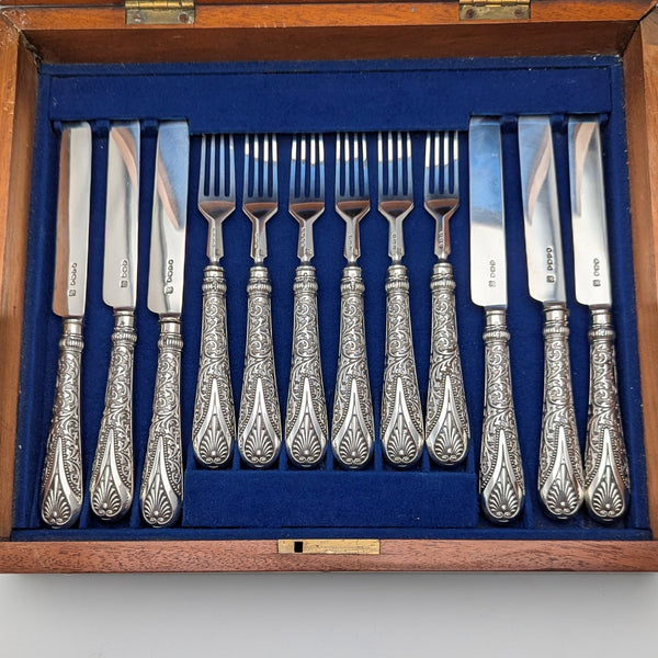 Circa 1890 British antique pure silver cutlery set of 6 pairs, total weight 655g, John Aldwinckle & Thomas Slater, wooden box
