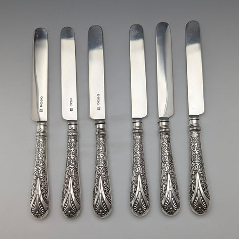 Circa 1890 British antique pure silver cutlery set of 6 pairs, total weight 655g, John Aldwinckle & Thomas Slater, wooden box