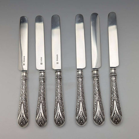 Circa 1890 British antique pure silver cutlery set of 6 pairs, total weight 655g, John Aldwinckle & Thomas Slater, wooden box