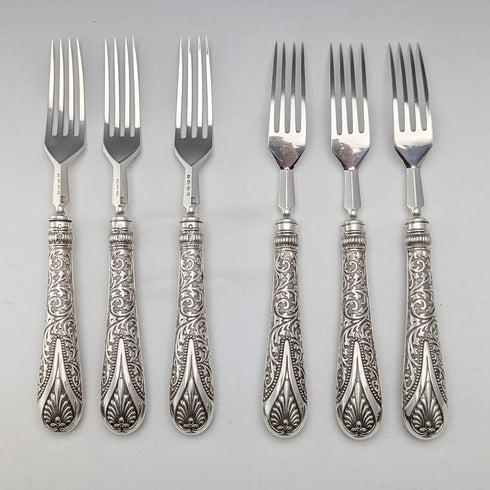 Circa 1890 British antique pure silver cutlery set of 6 pairs, total weight 655g, John Aldwinckle & Thomas Slater, wooden box
