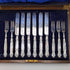 Circa 1890 British antique white mother-of-pearl handle dessert cutlery set of 5.5 in wooden box