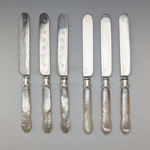 Circa 1890 British antique white mother-of-pearl handle dessert cutlery set of 5.5 in wooden box