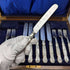 Circa 1890 British antique white mother-of-pearl handle dessert cutlery set of 5.5 in wooden box