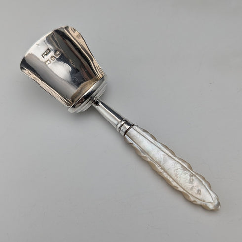 1890 British antique sterling silver and white mother of pearl handle tea caddy spoon Hilliard & Thomason