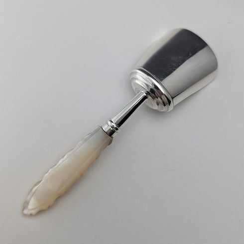 1890 British antique sterling silver and white mother of pearl handle tea caddy spoon Hilliard & Thomason