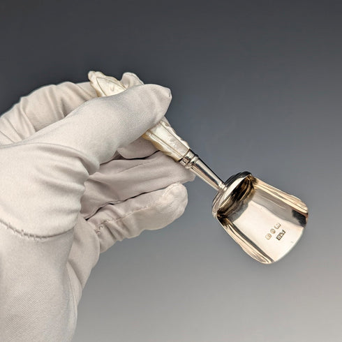 1890 British antique sterling silver and white mother of pearl handle tea caddy spoon Hilliard & Thomason