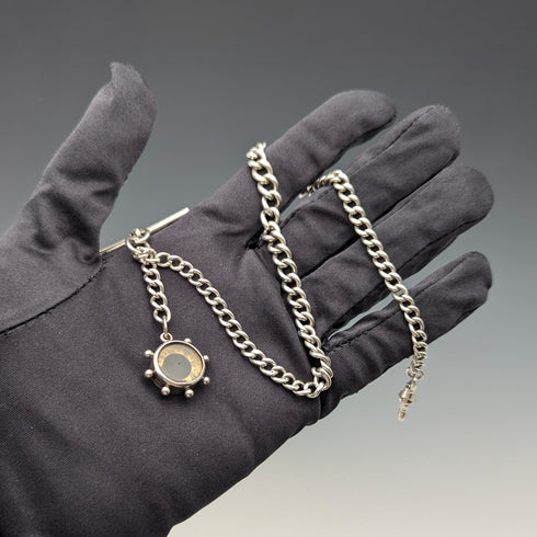 1900年頃 英国アンティーク 純銀製アルバートチェーン 25g 純銀コンパス型フォブ