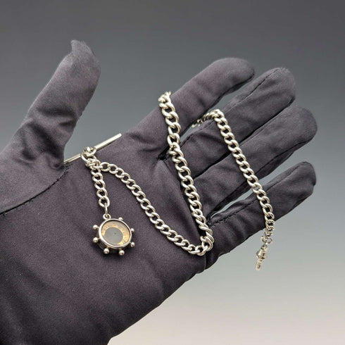 1900年頃 英国アンティーク 純銀製アルバートチェーン 25g 純銀コンパス型フォブ