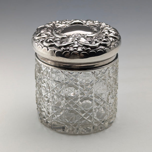 1902 British antique pure silver lid cut glass jar WJ Myatt & Co
