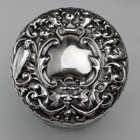 1902 British antique pure silver lid cut glass jar WJ Myatt & Co