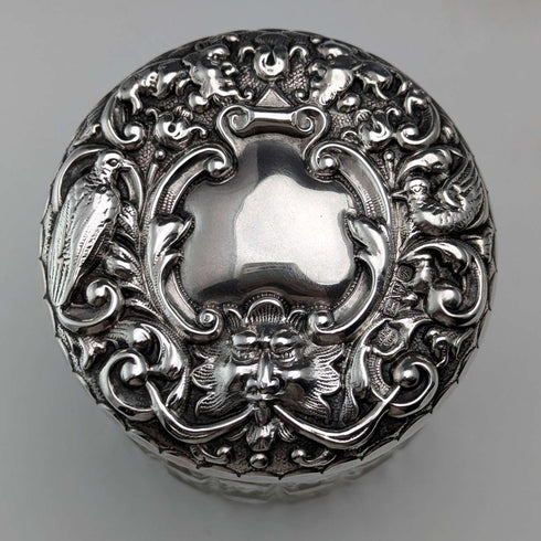 1902 British antique pure silver lid cut glass jar WJ Myatt & Co