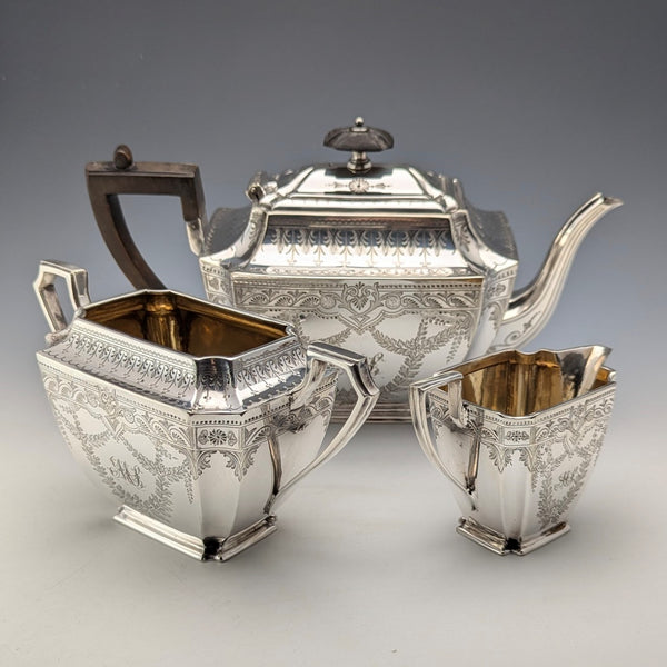 Antique British silver-plated tea set, circa 1894, 3-piece set, Atkin Brothers