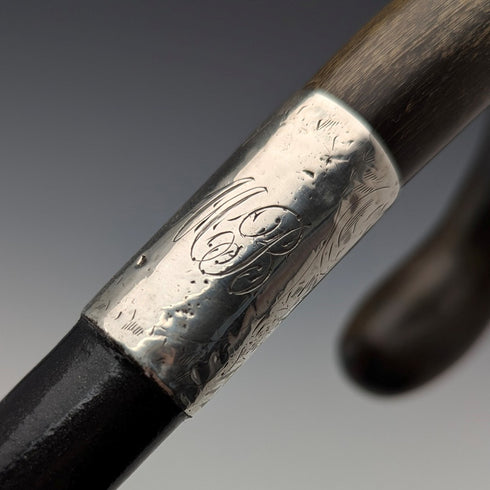 1918年 英国アンティーク 紳士用 純銀装飾 ホーンハンドル ステッキ 杖 82cm