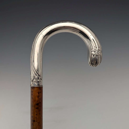 Circa 1900 Antique Men's 800 Silver Bent Handle Walking Stick 90cm