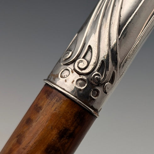 Circa 1900 Antique Men's 800 Silver Bent Handle Walking Stick 90cm