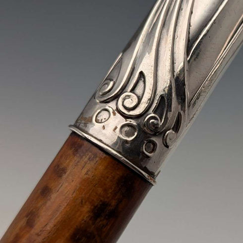 Circa 1900 Antique Men's 800 Silver Bent Handle Walking Stick 90cm