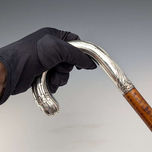 Circa 1900 Antique Men's 800 Silver Bent Handle Walking Stick 90cm