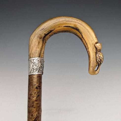 1899 British antique men's pure silver decorated horn handle walking stick 101cm