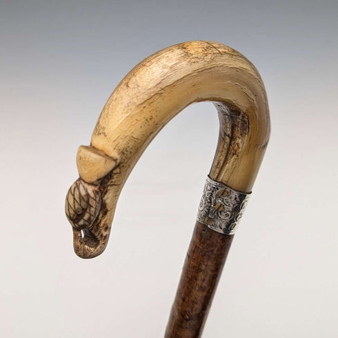 1899 British antique men's pure silver decorated horn handle walking stick 101cm