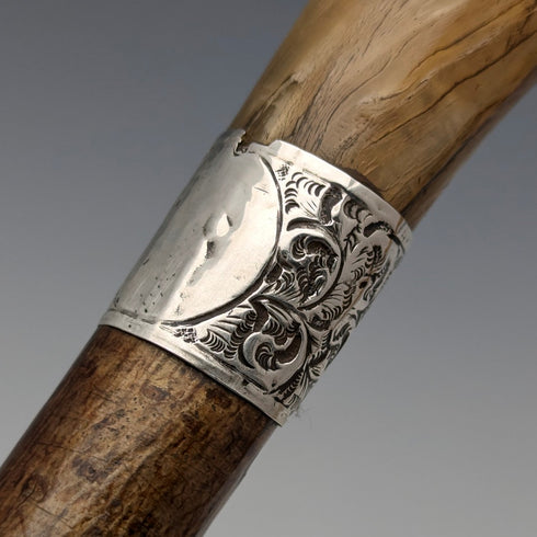 1899年 英国アンティーク 紳士用 純銀装飾 ホーンハンドル ステッキ 杖 101cm