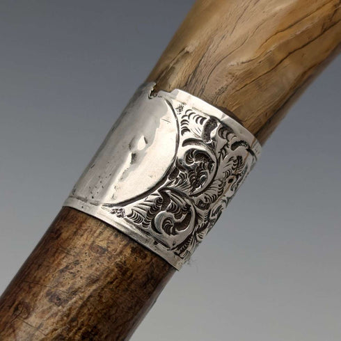 1899 British antique men's pure silver decorated horn handle walking stick 101cm