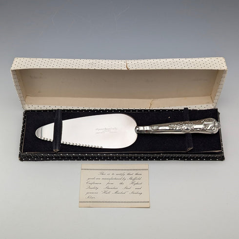 1962 British Vintage Sterling Silver Handle Cake Slicer, Boxed, Harrison Brothers