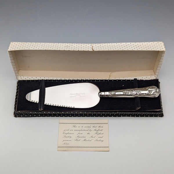 1962 British Vintage Sterling Silver Handle Cake Slicer, Boxed, Harrison Brothers