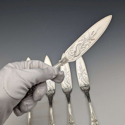 Antique British silver plate fish knife set of 6, Martin Hall
