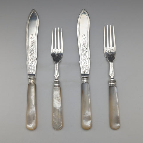 1877 British antique white mother-of-pearl handle, pure silver blade fish cutlery, 2 pairs, William Hutton & Sons