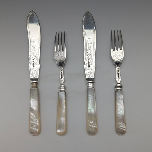 1877 British antique white mother-of-pearl handle, pure silver blade fish cutlery, 2 pairs, William Hutton & Sons