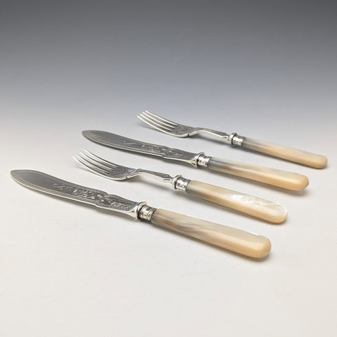 1877 British antique white mother-of-pearl handle, pure silver blade fish cutlery, 2 pairs, William Hutton & Sons