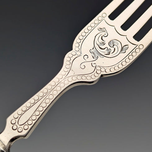 1877 British antique white mother-of-pearl handle, pure silver blade fish cutlery, 2 pairs, William Hutton & Sons