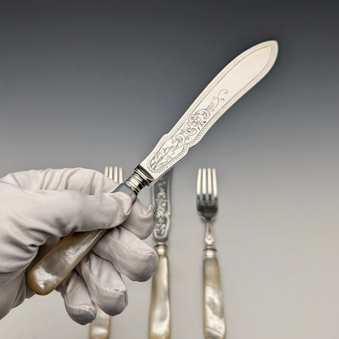1877 British antique white mother-of-pearl handle, pure silver blade fish cutlery, 2 pairs, William Hutton & Sons