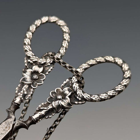 Antique early 19th century sterling silver chatelaine sewing scissors with case