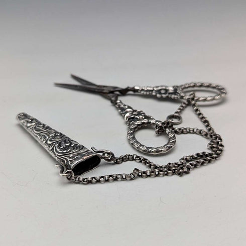 Antique early 19th century sterling silver chatelaine sewing scissors with case