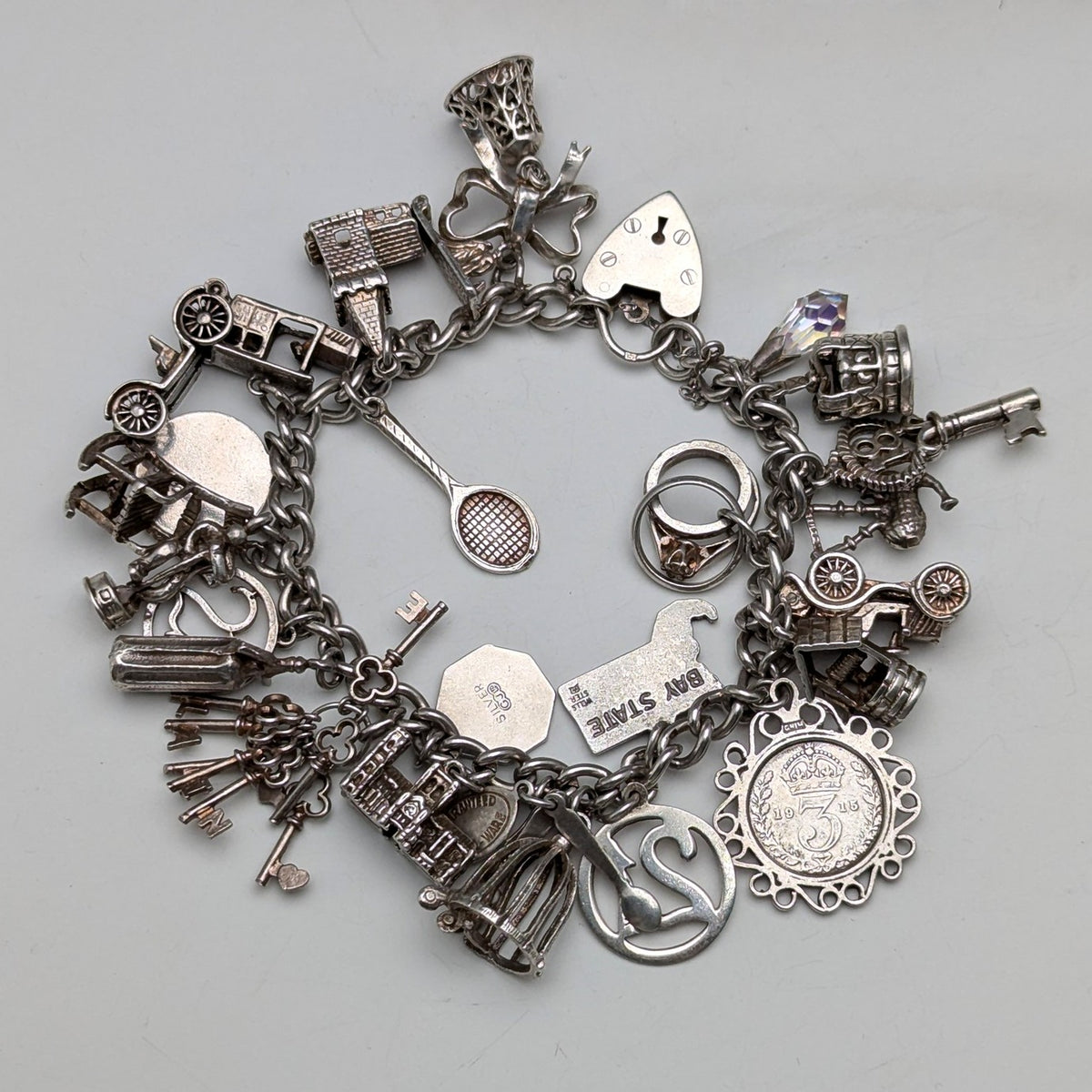 1970年 英国ヴィンテージ 純銀製 チャームブレスレット 78g D&amp;BS 1970 British Vintage Sterling Silver Charm Bracelet 78g