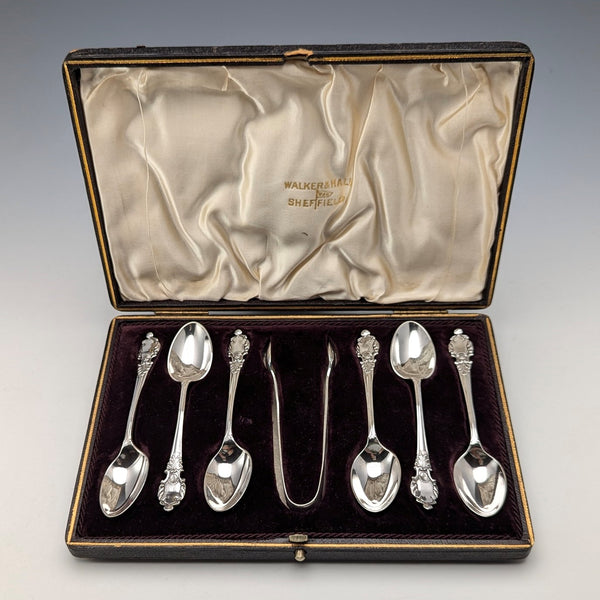 1911 年英國古董 6 純銀茶匙和糖鉗套裝,裝在 Case Walker&Hall 中