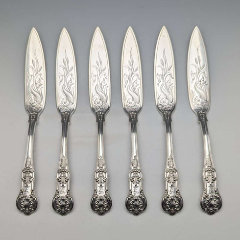 Antique British silver plate fish knife set of 6, Martin Hall