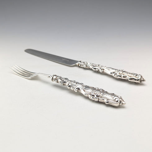 1833 British antique sterling silver dessert cutlery pair, total weight 74g, Thomas Sansom