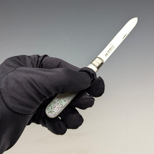 1907 British antique white mother-of-pearl handle, pure silver blade penknife, Arthur Worral Staniforth
