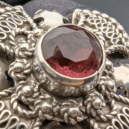 復古 900 銀和紫色寶石十字架吊墜和純銀項鍊