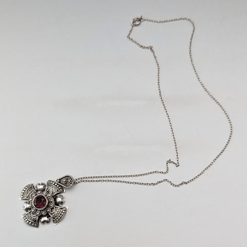 復古 900 銀和紫色寶石十字架吊墜和純銀項鍊