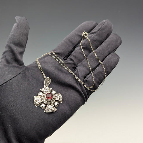 復古 900 銀和紫色寶石十字架吊墜和純銀項鍊